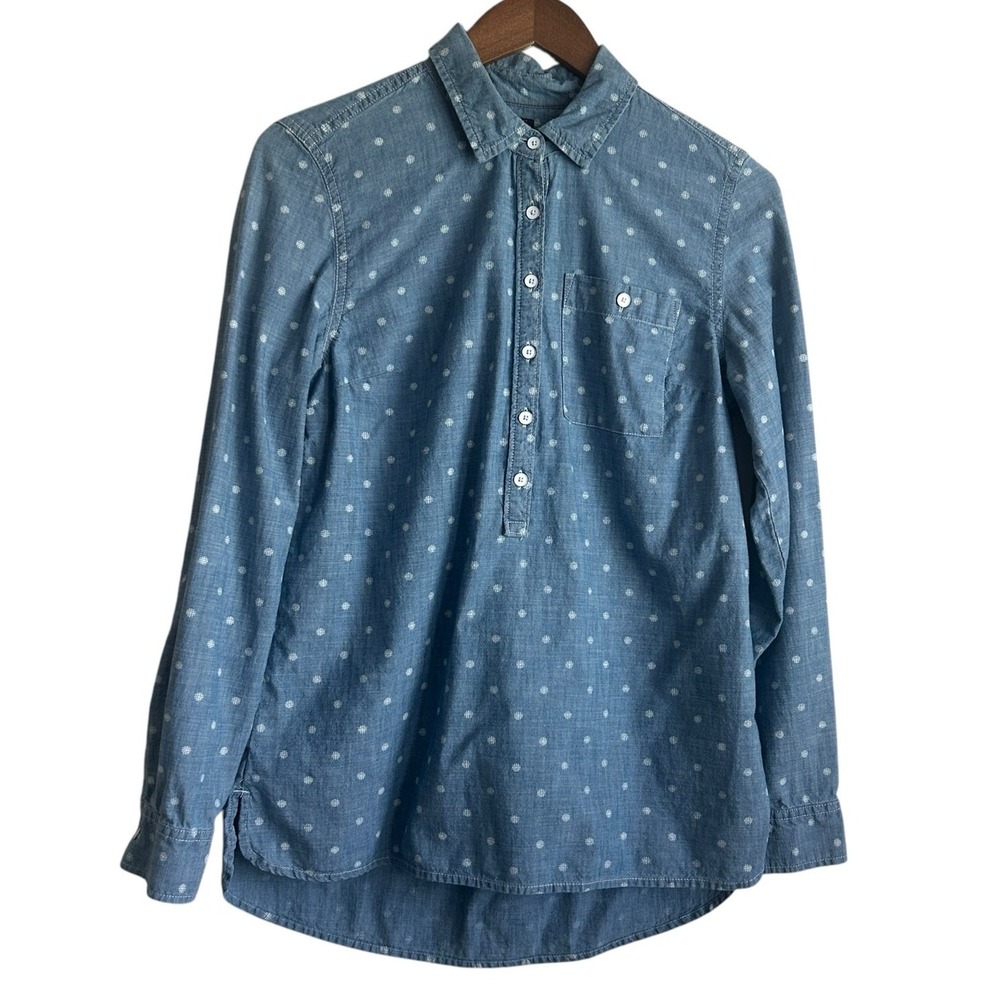 Tommy Hilfiger Women Cottagecore Preppy Chambray Popover Shirt S Blue Dot Resort